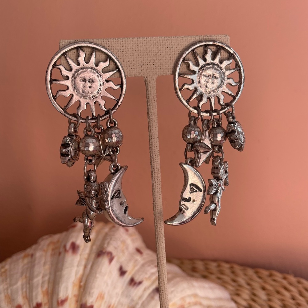 Vintage Silver Celestial Sun & Moon Dangle Clip On Earrings